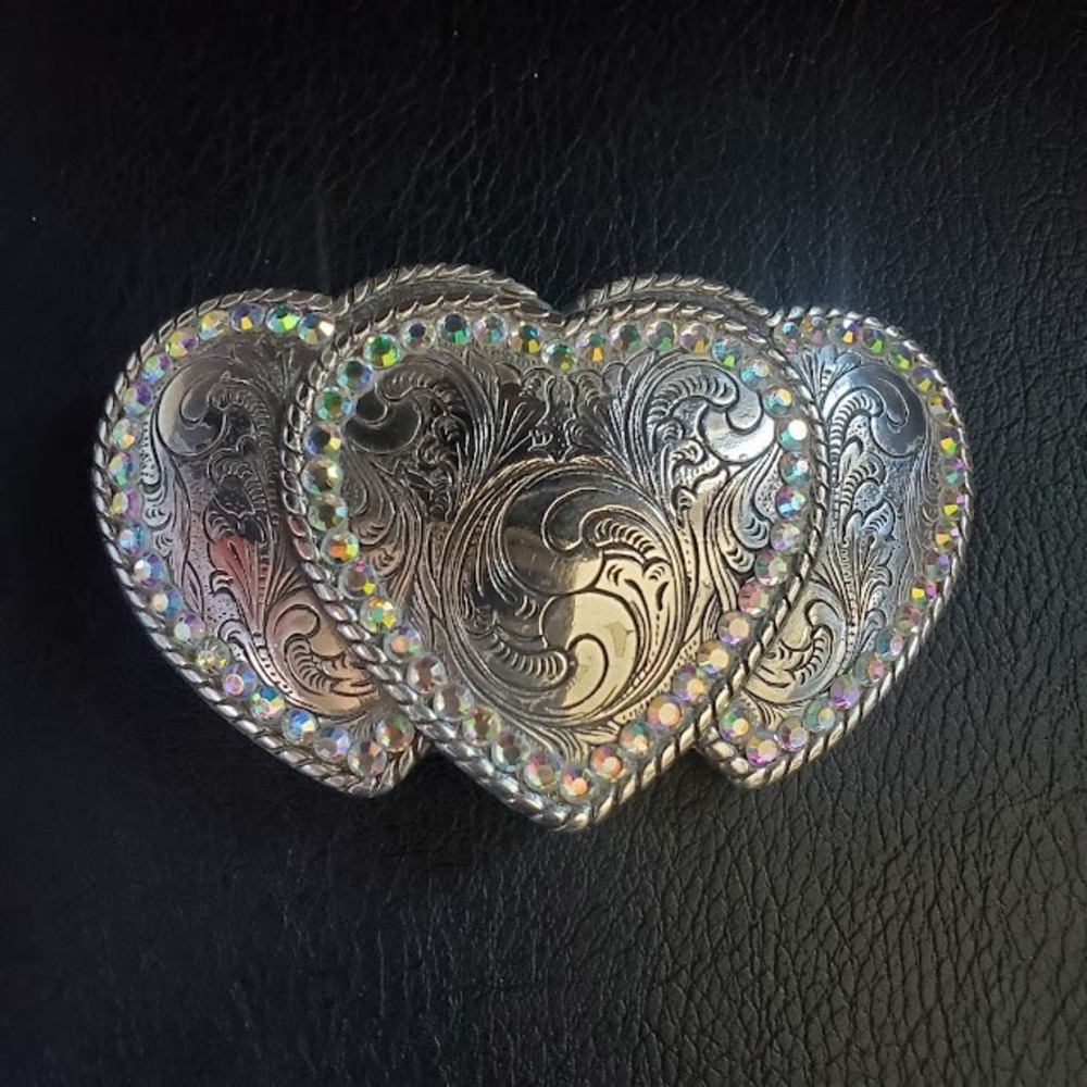 Nocona Silver Tone Triple Heart Western Belt Buckle Rhinestone Engraved Floral - Picture 6 of 7